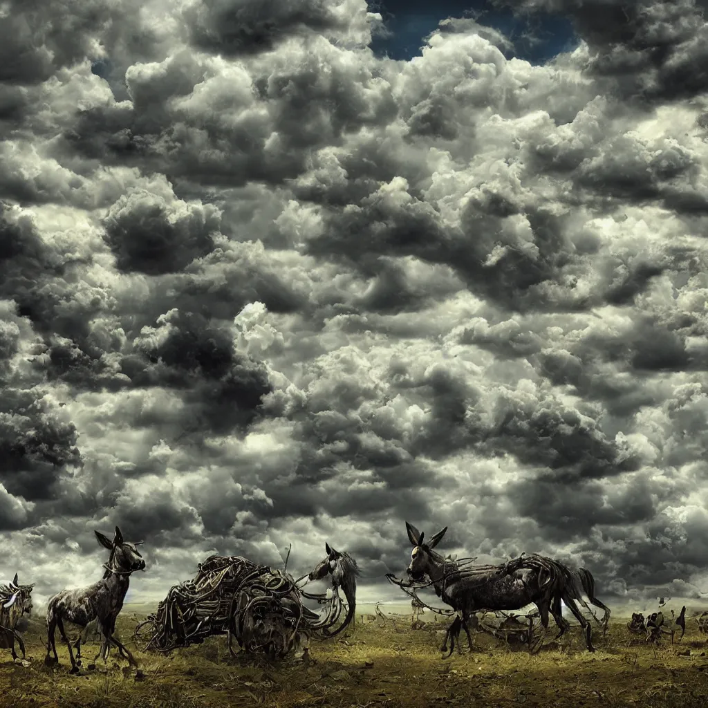 Image similar to mule, apocalypse, surreal, trippy, highly detailed digital art, clouds, limes, serene