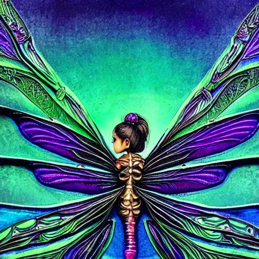 Prompt: brown woman wearing a shiny dragonfly armor. dragon fly wings for hair. green, blue, and purple sheen. intricate. super detailed. layered. textured. award winning. dispersion of light. refracted lighting. soft. fragile.