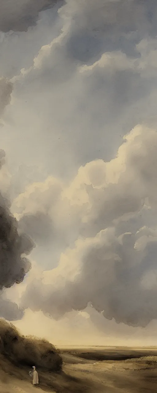 Prompt: a beautiful watercolor painting of a white barren landscape, gigantic mushroomshaped cloud in the horizon, an angel standing still, human figures standing still, ash and meteors falling from the sky, in the style of paul sandby and antonio guidotti, 8 k, trending on artstation, pastel color scheme