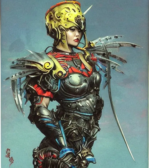 Image similar to portrait of strong korean female chaos angel, beautiful! coherent! by frank frazetta, by brom, strong line, vivid neon color, spiked scrap metal armor, iron helm maximalist