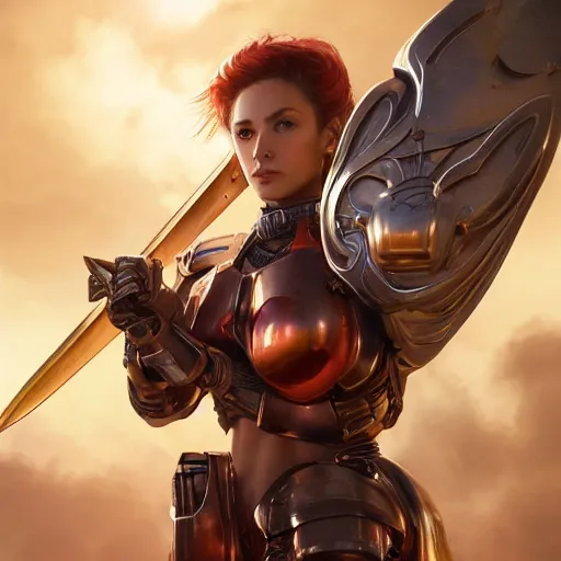 Image similar to picture of fully armored valkyrie, crimson plated, sword and shield, golden wings, divine vibes, light brown hair, white skin, shiny golden eyes, pretty, sky background, sharp focus, highly detailed, cinematic lighting, studio quality, smooth render, unreal engine 5 rendered, octane, rendered, by artgerm, greg rutkowski, alphonse mucha