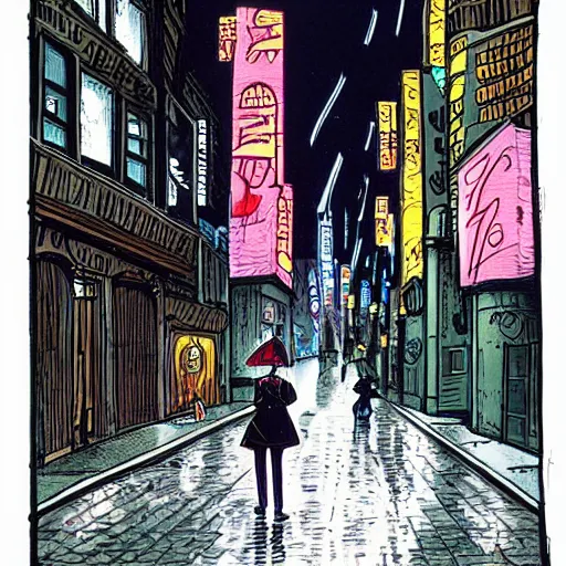 Image similar to girl in leather jacket walking down rainy city street at night, surreal, Ralph Bakshi