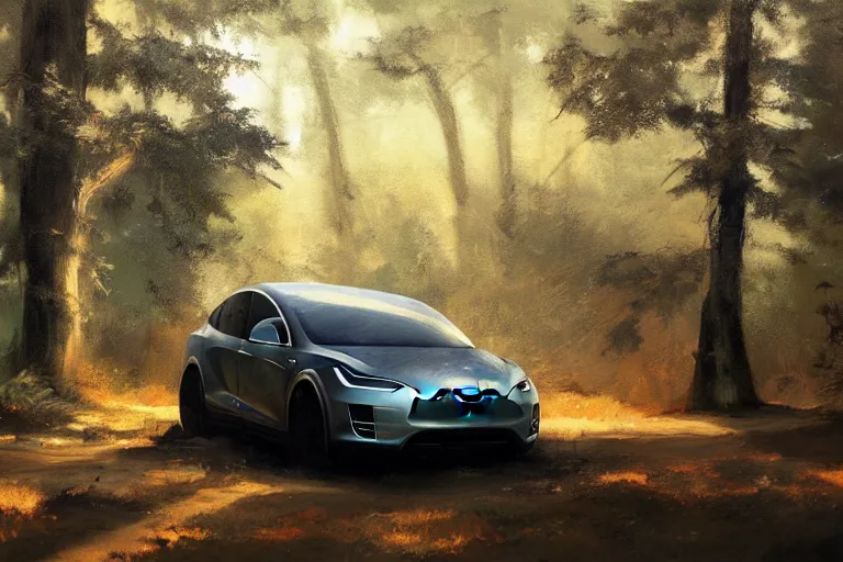 Image similar to A painting of a Tesla Model X in a forest by Craig Mullins, dramatic lighting, cinematic, establishing shot, extremely high detail, artstation