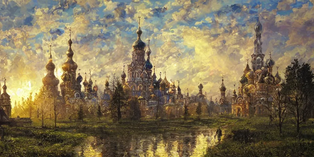 Image similar to beautiful magical ancient Slavic city of Kitezh, magic lights, magic mist, strange buildings, oil painting, painting by Viktor Vasnetsov, concept art, fantasy cityscape, ancient Russian architecture, painting by Ivan Shishkin, hyperborea, high resolution, trending on artstation,