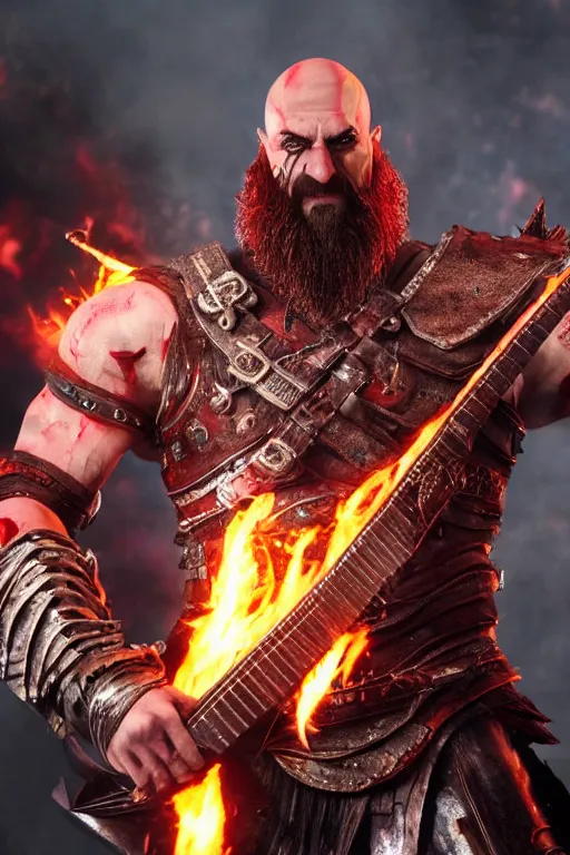 Image similar to screaming armored kratos rocking out on a flaming stratocaster guitar, cinematic render, god of war 2 0 1 8, playstation studios official media, lightning, flames, red facial stripe, red facial stripe, clear, coherent