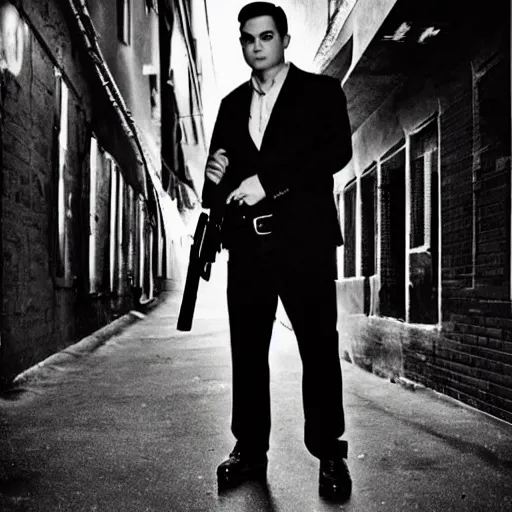 Prompt: “Ben Shapiro as a gangster with gun in hand, 4K, Dark alley way, gloomy lighting, award winning photo”