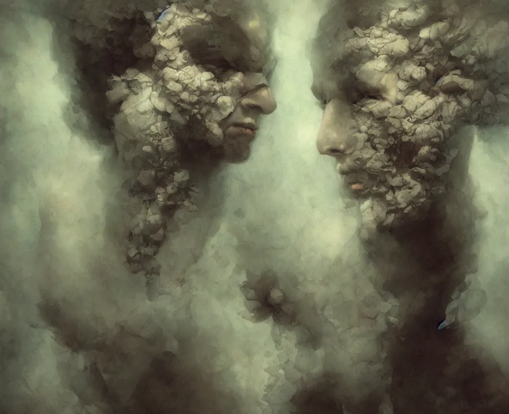 Prompt: my head is covered with transparent smoke, a painting by john harris, barlowe wayne, maxfield parrish, gustave dore and marco mazzoni. hyper detailed.