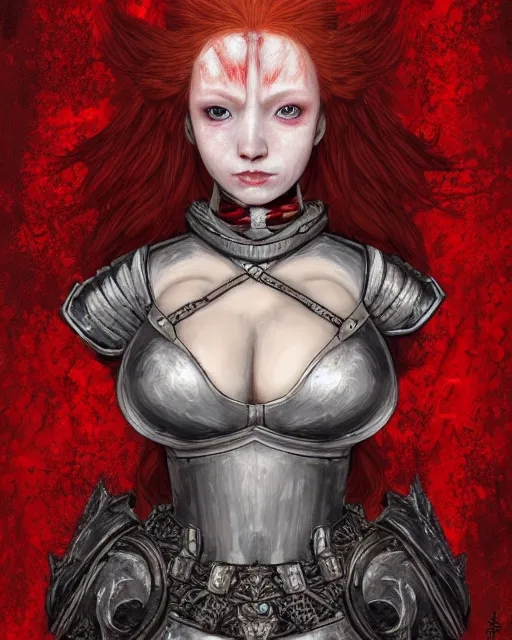 Image similar to redhead queen knight in red armor, inside grand hall in castle with rococo aesthetic, exposed beating heart in chest, crown, face with scars, dark souls 3, intimidating, ominous, evil, high fantasy, intricate detail, digital painting, artstation, concept art, smooth, sharp focus, illustration, art by yoshitaka amano and monia merlo and giger and wlop