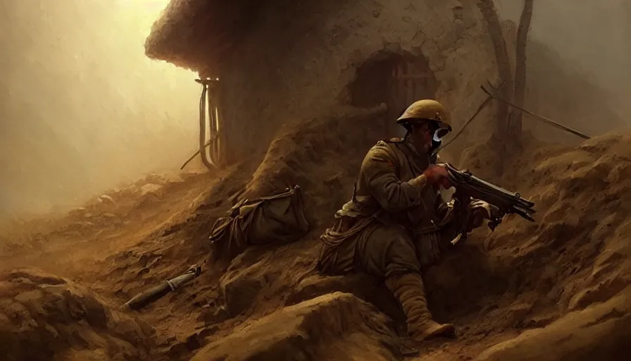 Image similar to beautiful painting of a soldier in a trench waiting for the war to end. cinematic lighting by gerald brom greg rutkowski,