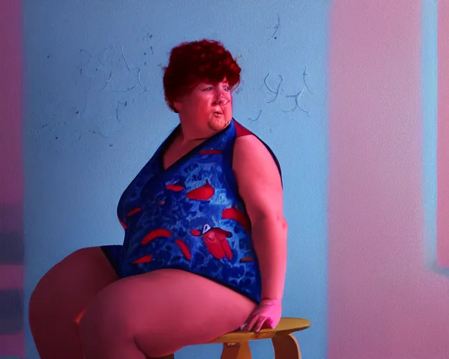 Prompt: an innocent and beautiful scene in hyper realistic style, about an fat old woman, wearing black lace jumpsuit, and painting a huge colorful fish on the wall, lighting from the barred window. shadows. 4 k. wide angle. wild. red mouth, blue eyes. deep focus, lovely scene. ambient occlusion render. unreal engine.