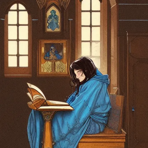 Prompt: a female wizard with brown hair wearing a blue hood and blue robe sitting at a wooden desk reading a book with bookcases behind her, fantasy, highly detailed, digital painting, artstation, concept art, character art, art by greg rutkowski and tyler jacobson and alphonse mucha