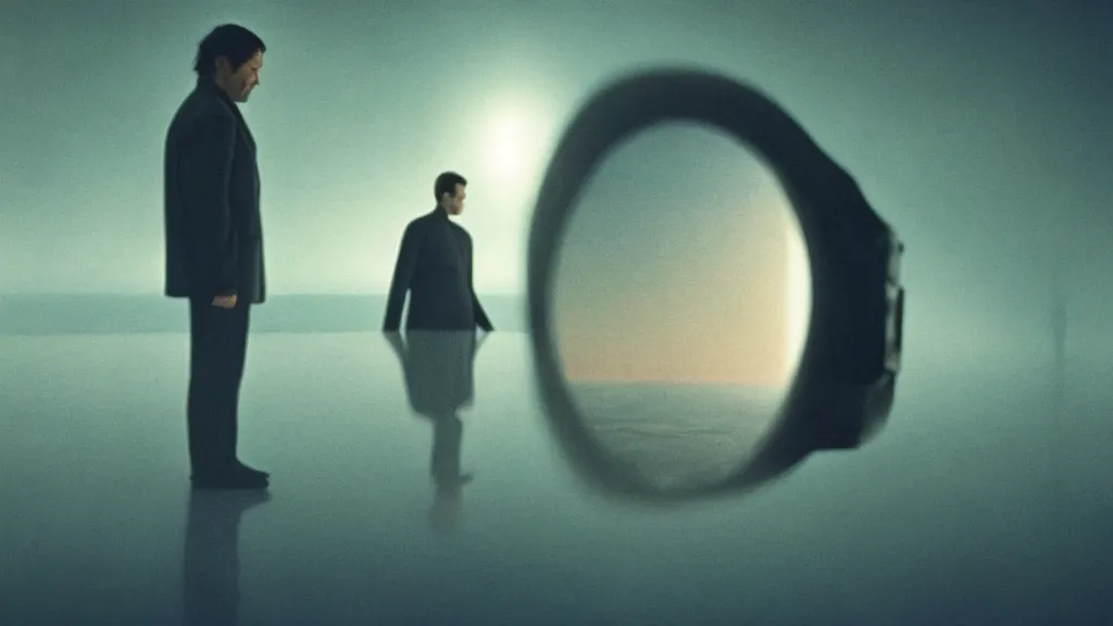Image similar to the false reflection of a monster, film still from the movie directed by Denis Villeneuve with art direction by Salvador Dalí, wide lens