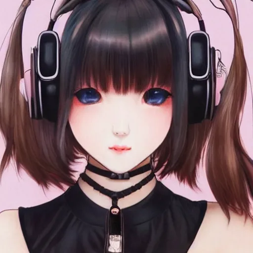 Image similar to realistic beautiful gorgeous natural cute Blackpink Lalisa Manoban black hair fur black cat ears, wearing white camisole summer outfit, headphones, black leather choker, tonemapping artwork drawn full HD 4K highest quality in artstyle by professional artists WLOP, Ayami Kojima, Aztodio, Alphonse Mucha, Taejune Kim, Guweiz on Pixiv Instagram Artstation