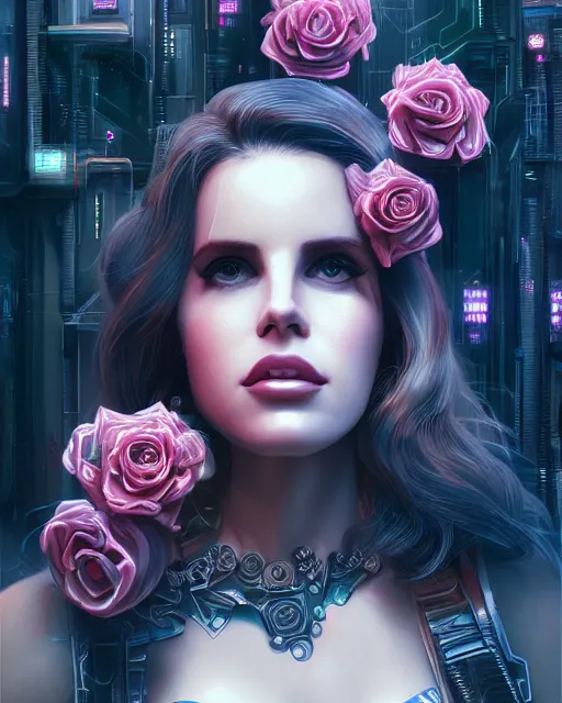 Image similar to portrait of lana del rey as a cyberpunk cyborg. roses, sci - fi, intricate abstract, upper body, intricate artwork, by tooth wu, wlop, beeple, dan mumford. concept art, 8 k octane render, deviantart, greg rutkowski, cinematic, key art, hyperrealism, iridescent accents