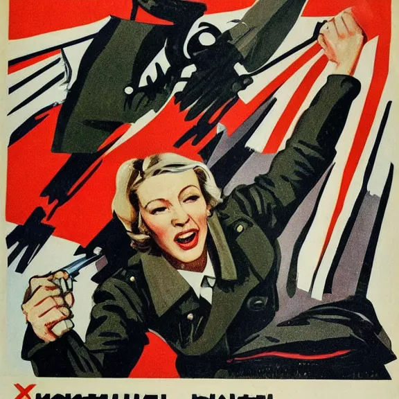 Image similar to soviet propaganda poster with cate blanchett calling on the world community to fight against Nazism, Ultra Detailed, high resolution, soviet realism