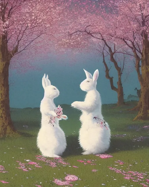 Image similar to ink on paper portrait of two white bunnies in colorfull kimonos in the foreground of a surreal environment with cherry blossoms by greg rutkowski and michael whelan