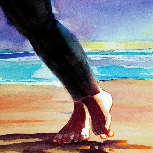 Image similar to feet walking on the shore of the beach, sunset, ink brush