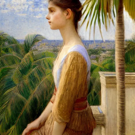 Image similar to a ultradetailed beautiful painting of a girl in the amazonas palace balustrade designed by jules bastien - lepage, hans belmer, frank weston and gustave baumann, beach, trending on artstation, mediterranean, palm trees, detailed face, sharp focus, soft light, 8 k 4 k