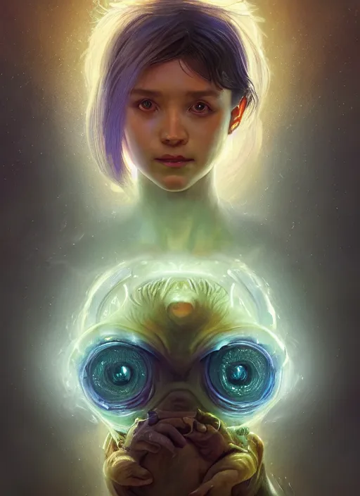 Image similar to three quarters portrait of a bioluminiscent baby creature with big glowing eyes, highly detailed, digital painting, cinematic, hyper realism, dark retrowave, art by Stanley Lau and Artgerm and magali villeneuve and Alphonse Mucha, artstation, octane render, cgsociety