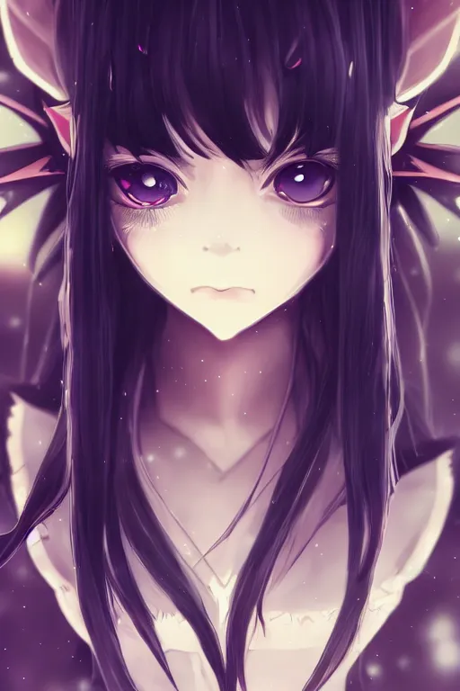 Image similar to adorable young cute anime elf girl, long black hair, fantasy armor, symmetrical face. symmetrical detailed defined eyes. beautiful lineart. bokeh pixiv # 1 ranking depth focus, chromatic aberration, noise, soft lighting, srgb, 4 k, cinematic