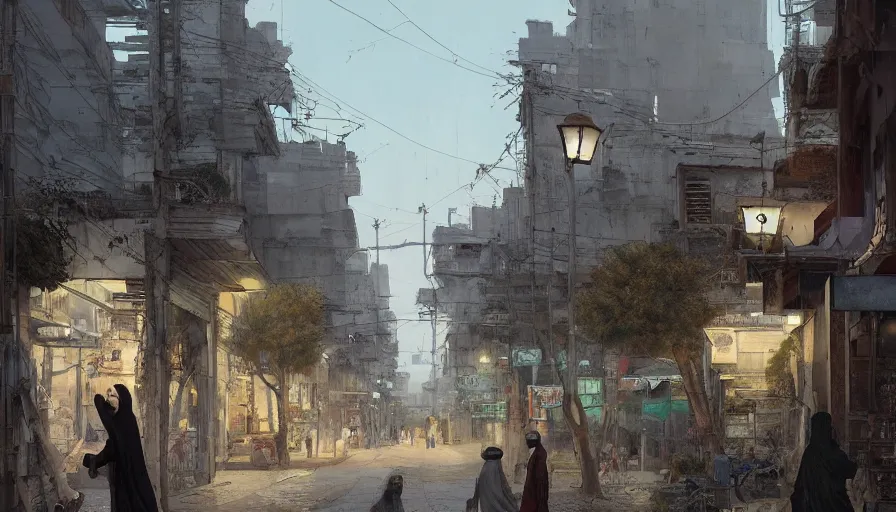 Image similar to jeddah city street, roshan, shops, a bright pharmacy, a nomad wearing a worn out coat, plants, tree, dramatic lighting, sci fi, by caspar david friedrich by james gilleard and justin gerard, centered, artstation, smooth, sharp focus, photoreal octane render, by jean baptiste monge, gustave dore, deviantart