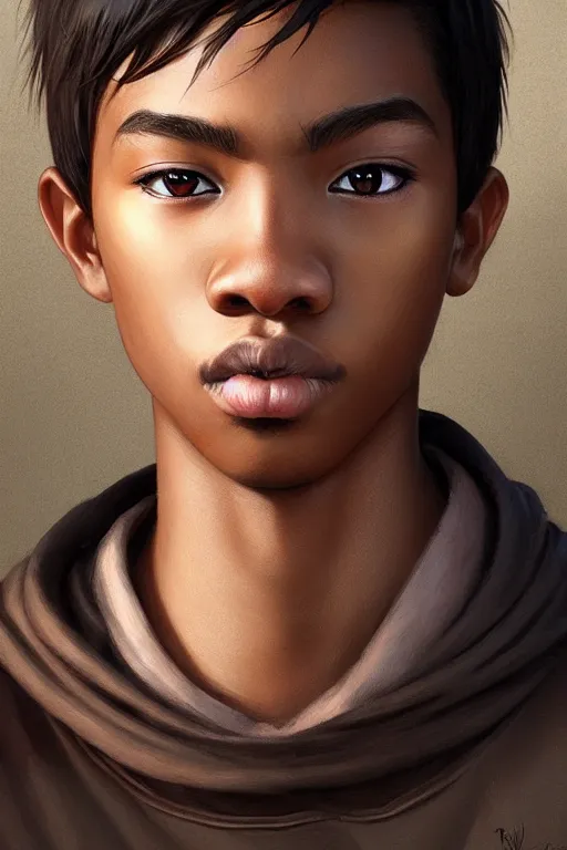 Image similar to young teenager boy with straight short brown hair, dark skin, big lips. highly detailed, d & d, fantasy, highly detailed, digital painting, trending on artstation, concept art, sharp focus, illustration, art by artgerm and greg rutkowski and fuji choko and viktoria gavrilenko and hoang lap