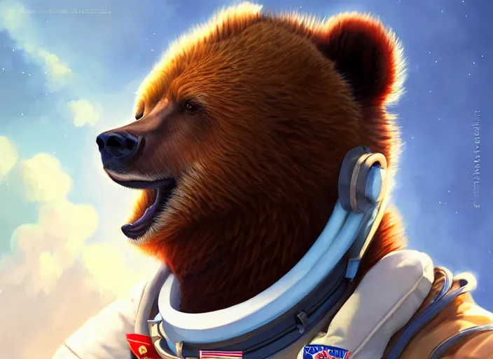 Prompt: character portrait feature of the anthro male anthropomorphic kamchatka brown bear fursona wearing cosmonaut outfit uniform professional pilot astronaut cosmonaut spirited disciplined character design stylized by charlie bowater, ross tran, artgerm, and makoto shinkai, detailed, soft lighting, rendered in octane