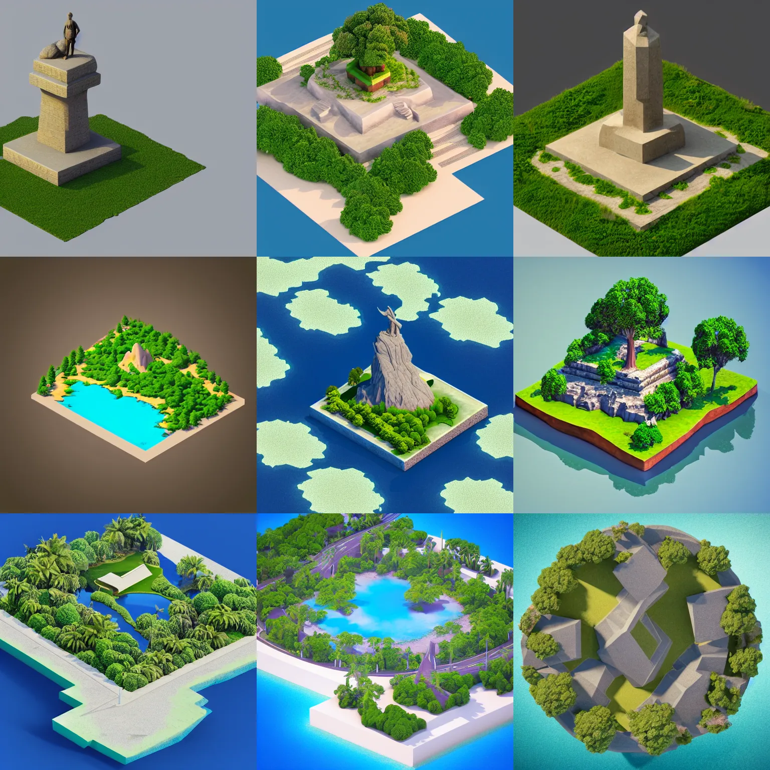 Prompt: isometric square 3d Render of island with big statue on the center and trees, island is on the center of an image, no background, high poly, vray render 4k