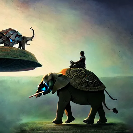 Prompt: a flat world on the back of four elephants, who are standing on the back of a giant turtle floating through space by Marc Simonetti