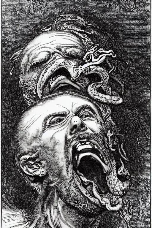 Prompt: very detailed ink drawing of a screaming head of Hercules with snakes coming out from his eyes by gustave dore, poster, fine art