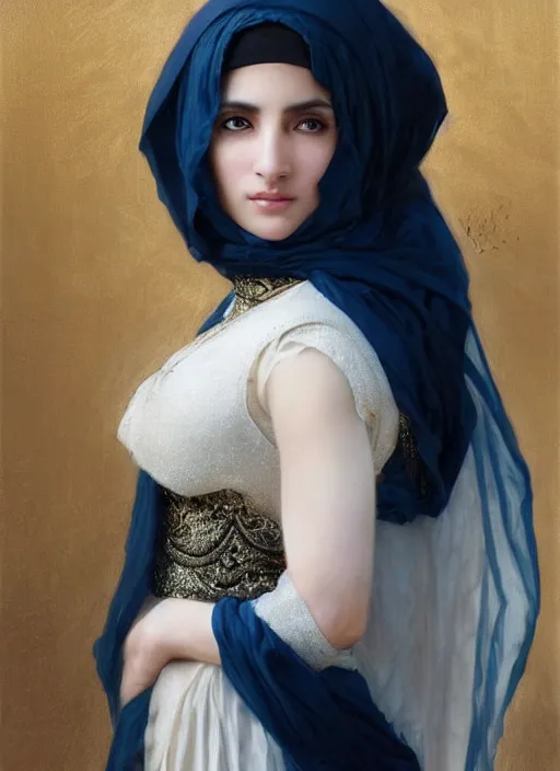 Image similar to arab Ameera al-Taweel, crystal blue eyes, wavy black hair, tanned skin, white veil, intricate, elegant, highly detailed, artstation, concept art, sharp focus, ruan jia, jurgens, orientalism, bouguereau