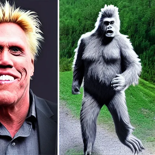 Image similar to gary busey as bigfoot, fullbody, cctv footage