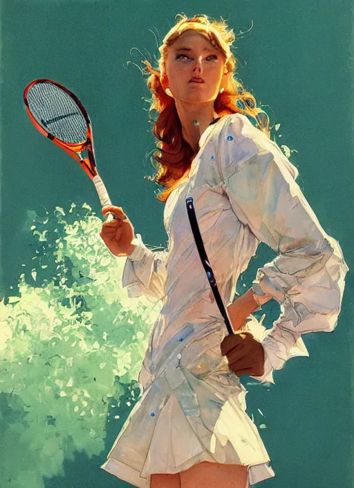 Image similar to a copic maker art nouveau portrait of a russian beautiful girl playing tennis at high speed wearing a futuristic anorak designed by balenciaga by john berkey norman rockwell