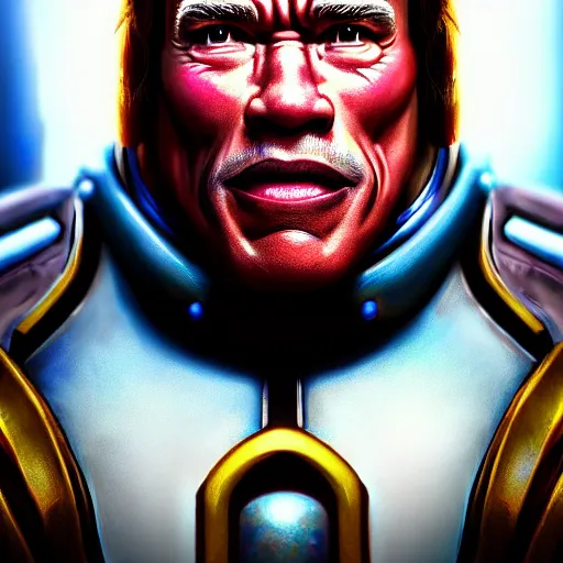 Image similar to a screenshot of arnold schwarzenegger as mei in overwatch, portrait, fantasy, beautiful face, vivid colors, elegant, concept art, sharp focus, digital art, hyper - realistic, 4 k, unreal engine, highly detailed, hd, dramatic lighting by brom, trending on artstation