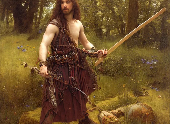 Prompt: druid. young man with braided brown hair. wildflowers in his hair. amber eyes. leather armor, and a longbow. wooden staff carved with strange symbols. edgar maxence and caravaggio and michael whelan and delacroix style, artistic, intricate painting, cinematic lighting, hyper realistic, extremely detailed, vivid colors, establishing shot, dramatic lighting