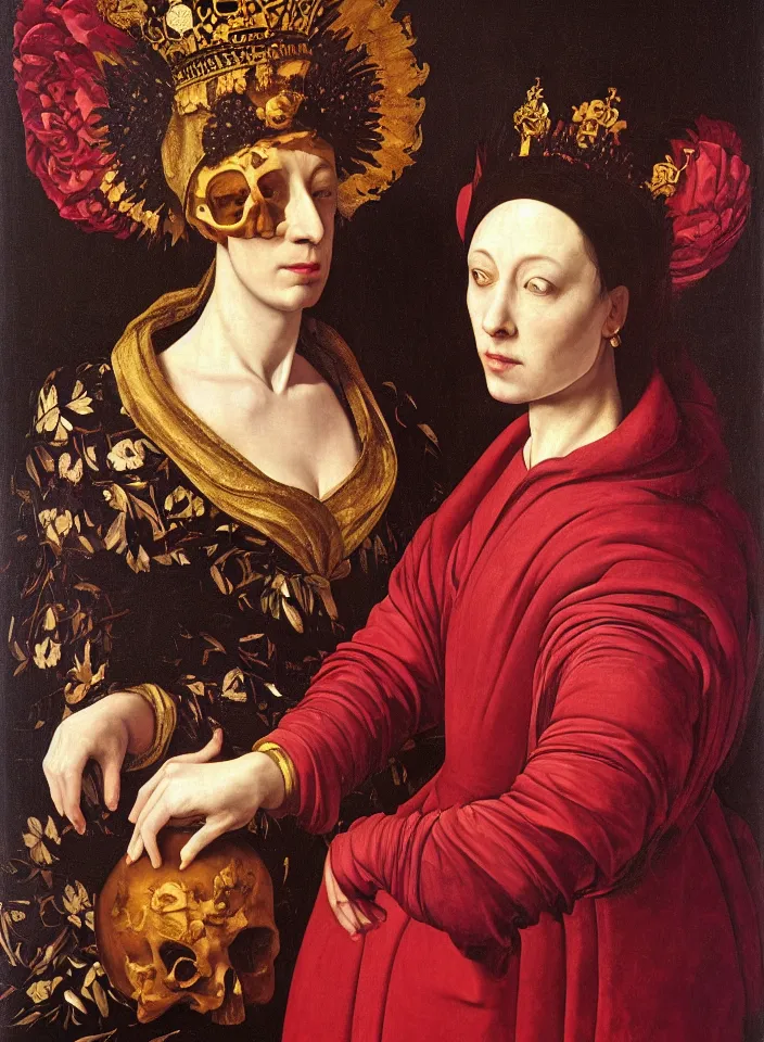 Image similar to portrait of a woman with a golden skull instead of a head with a big crown and in a dress of big purple peony petals, oil painting in a renaissance style , very detailed, red background, painted by Caravaggio.