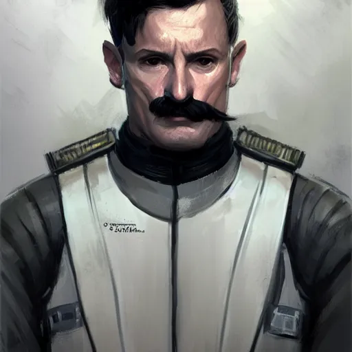 Image similar to portrait of a man by greg rutkowski, british features, short black hair in military style, moustache, perfect military composure, wearing gray imperial captain uniform, star wars expanded universe, he is about 4 0 years old, highly detailed portrait, digital painting, artstation, concept art, smooth, sharp foccus ilustration, artstation hq