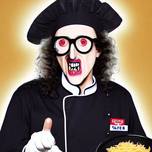 Image similar to a crazed weird al wearing a chef's hat and uniform with half of his lower body inside a bowl of alfredo, realistic, hyperrealistic, ultra realistic, real, real world, highly detailed, very detailed, extremely detailed, intricate details, 8 k resolution, hd quality