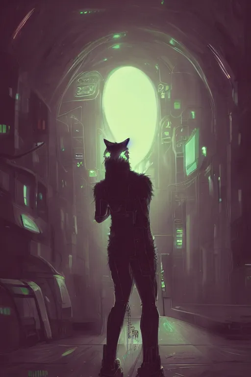 Prompt: an anthropomorphic cyberpunk fox, backlighting, trending on artstation, digital art, furry art, trending on furaffinity, fantasy art, by kawacy, view from behind, fluffy tail