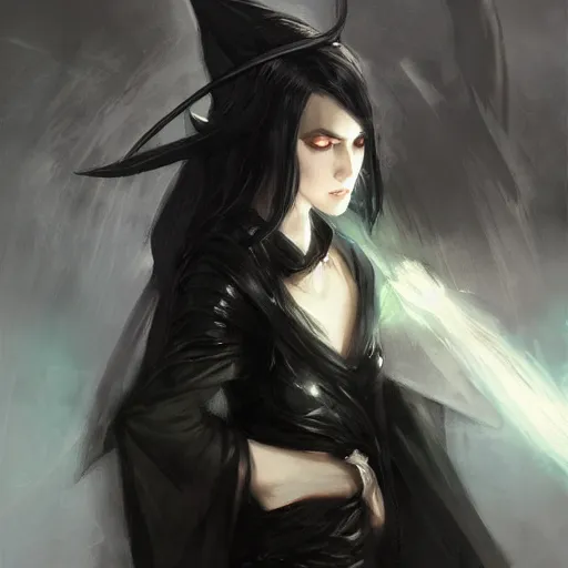 Image similar to a female shadowy elf in dark robes, black dress, wavy black bob hair bangs, dnd character art portrait, by ruan jia