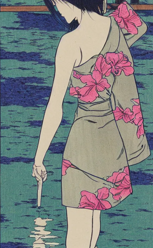 Image similar to by akio watanabe, manga art, a girl walking on wooden lake bridge and iris flowers, trading card front, kimono, realistic anatomy