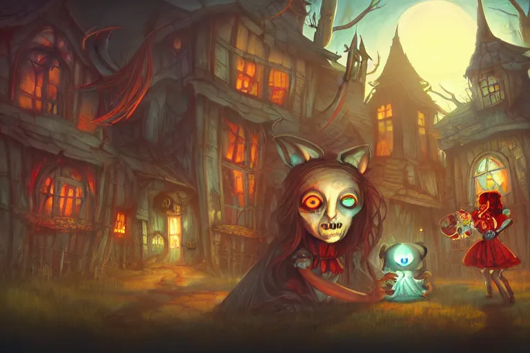 Image similar to scary village, american mcgee's alice, sharp focus, artstation, trending, by julie dillon, luis melo, tyler miles lockett, lei jin, hong lei, ken wong, adam narozanski, joy ang