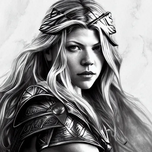 Image similar to beautiful Katheryn Winnick as Lady Thor, drawn by a 6 year old, western, closeup, D&D, fantasy, intricate, elegant, highly detailed, digital painting, artstation, concept art, matte, sharp focus, illustration, art by Artgerm and Greg Rutkowski and Alphonse Mucha