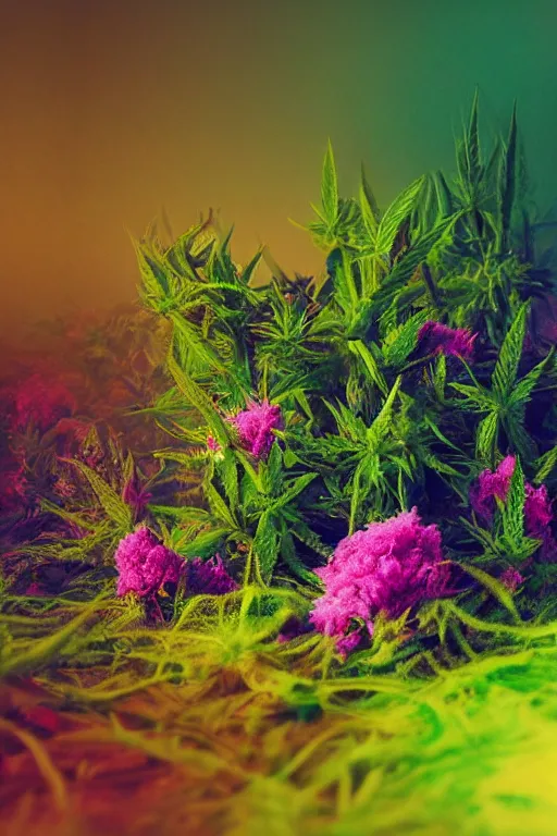 Image similar to the infinite arts of the weed buds by mia brownell, very detailed, maximalism, ambient occlusion, volumetric light, atmospheric haze, hyper realism, futuristic but colorful shading, cinematic composition, realistic render, photography, wide shot