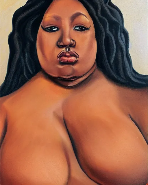 Prompt: upper body portrait of a gorgeous black woman, obese, muscular, wearing bikini. oil on canvas, black oil bath, illustration. beautiful face!!!