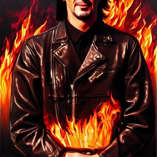 Image similar to handsome Keanu Reeves wearing a leather jacket on fire next to a flaming harley davidson, western, D&D, fantasy, intricate, elegant, highly detailed, digital painting, artstation, concept art, matte, sharp focus, illustration, art by Artgerm and Greg Rutkowski and Alphonse Mucha