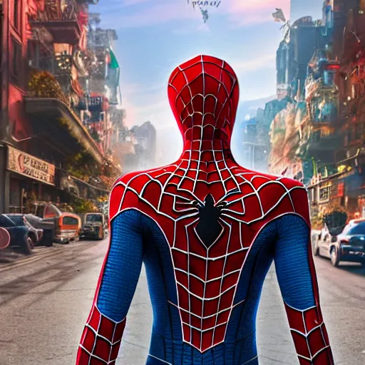 Image similar to the back of the spiderman standing in the streets of a fantastical fantasy city, extremely detailed and photorealistic, 8k