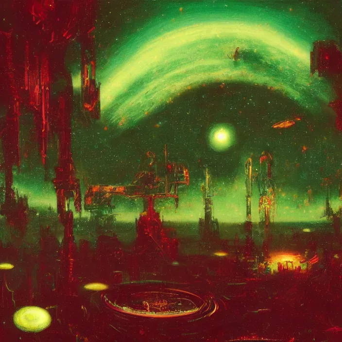 Image similar to gargantuan disappointment, red and green palette, night lights, starry sky, by ( h. r. giger ) and paul lehr