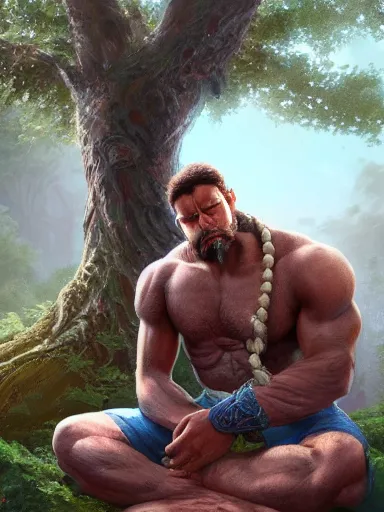 Prompt: a grumphy man, legs and arms crossed, sitting under a bodhi tree. intricate, elegant, highly detailed, digital painting, artstation, concept art, sharp focus, illustration, by justin gerard and artgerm, 8 k