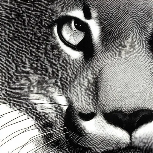 Prompt: extreme close-up, black and white, portrait of a Mountain Lion in the bush, Gustave Dore lithography